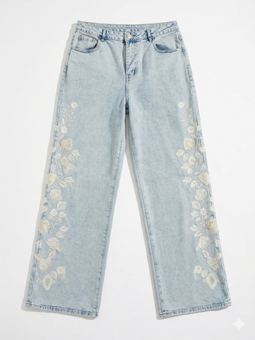 Pink Lily Light Blue Wide-Leg Jeans with Cream Floral Embroidery